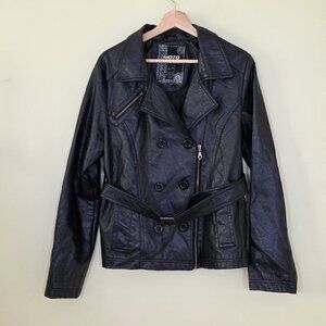 Moto Gear Jacket Womens XL Black Full Zip Buttons Pockets Faux Leathe Biker Moto